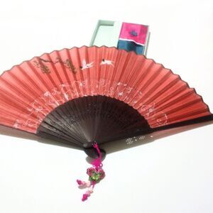 Vintage Korean Crane Design Traditional Hand Fan with Box & Organza Sleeve